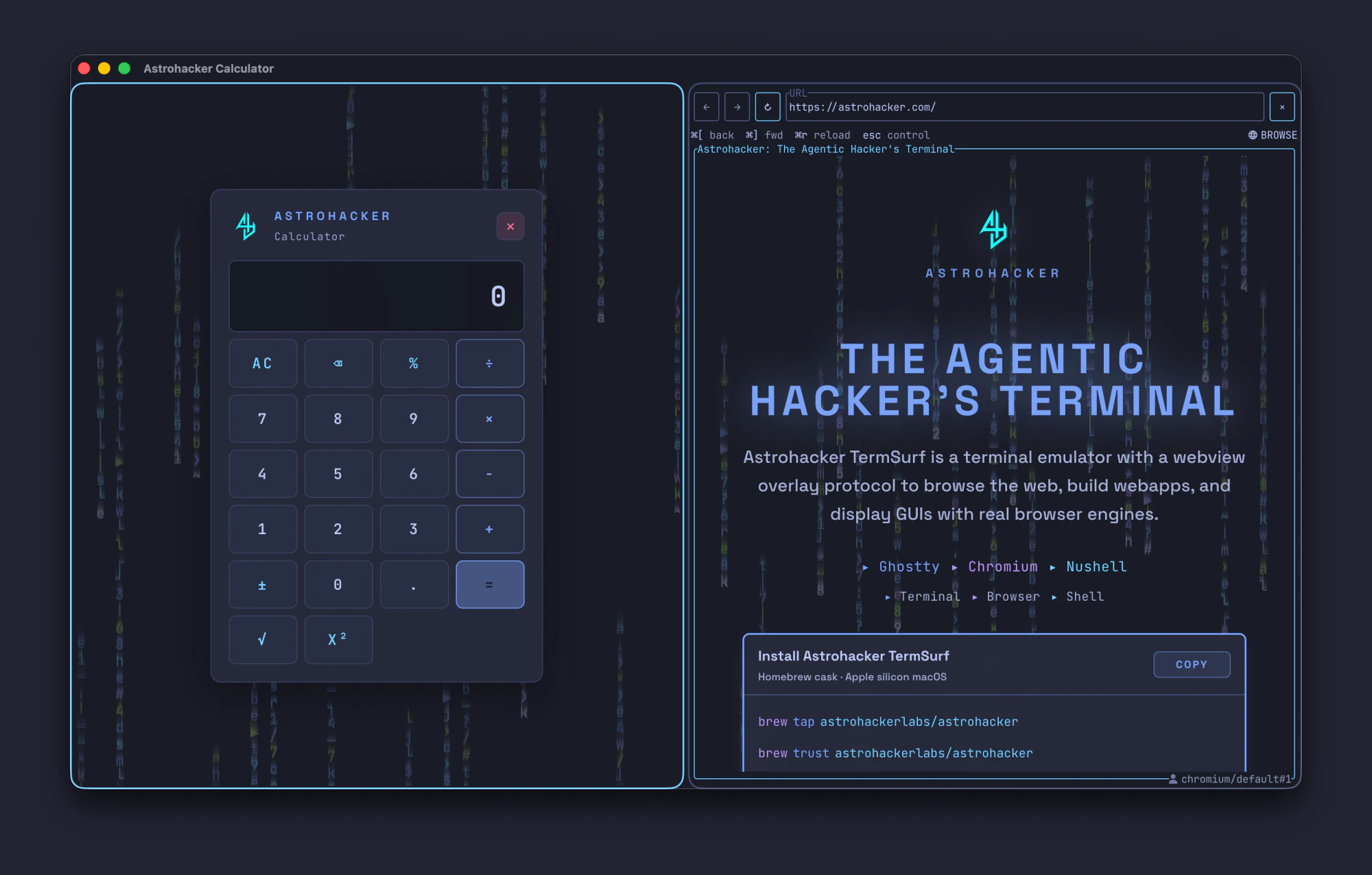 TermSurf split window with the Astrohacker calculator on the left and the product website on the right