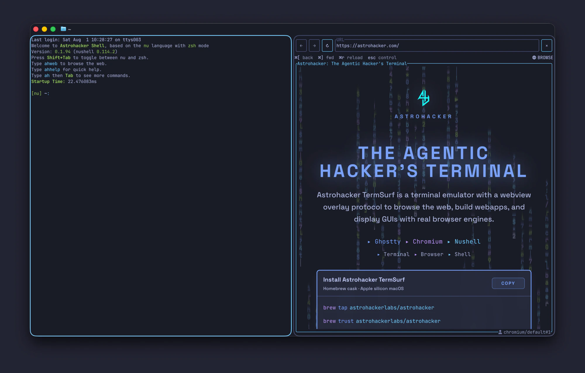 TermSurf split window with Astrohacker Shell on the left and a browser pane on the right