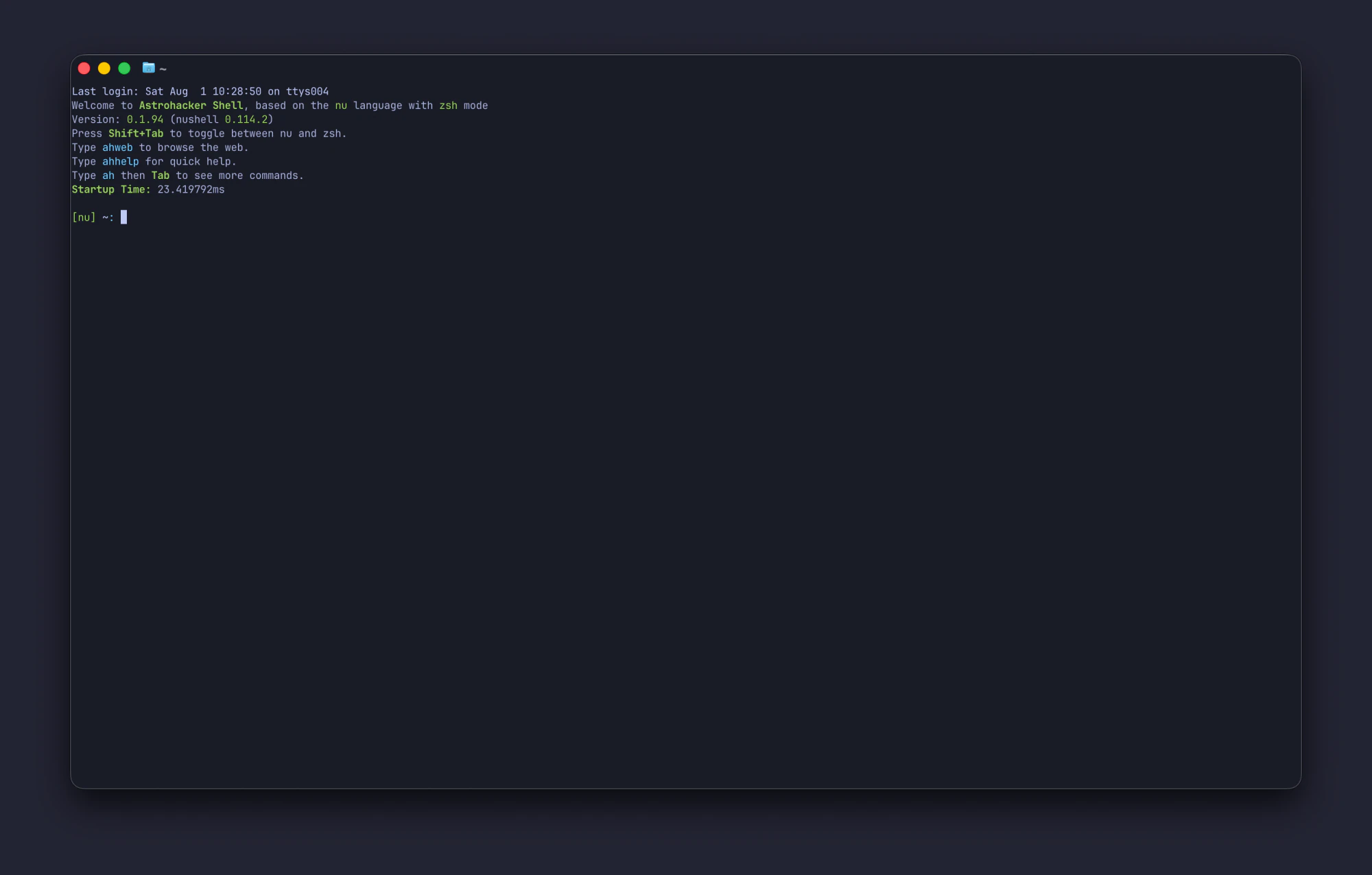 Astrohacker TermSurf window showing only Astrohacker Shell