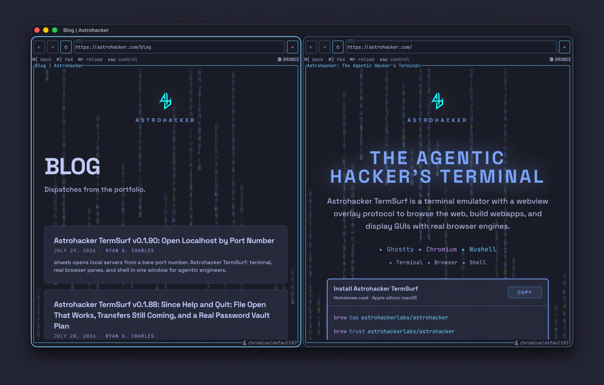 TermSurf window with two browser panes showing the Astrohacker blog and home page